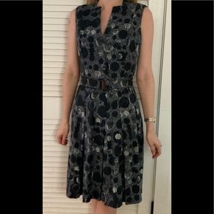 Akris Punto 100% Cotton Navy Blue Pleated Fit and Flare Sleeveless Belted Dress